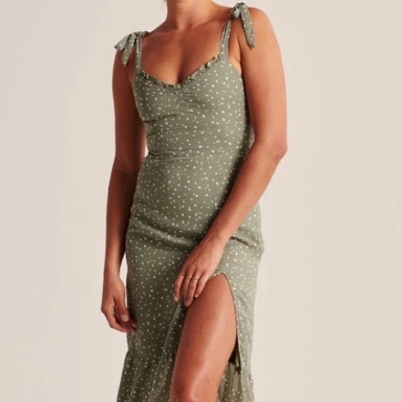 Abercrombie & Fitch Tie Strap Pattern Midi Dress Sage Green XS - Picture 3 of 10